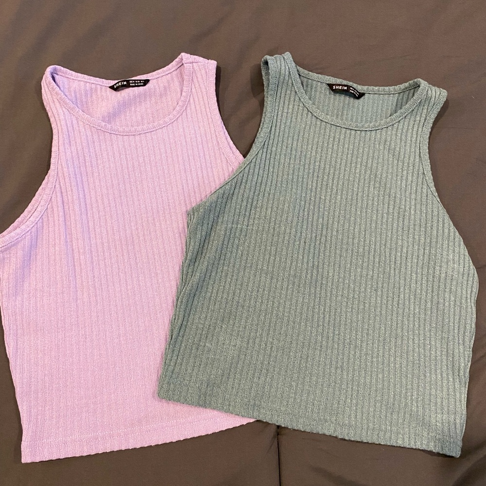 2 cropped tank tops, purple and teal, size M, SHEIN